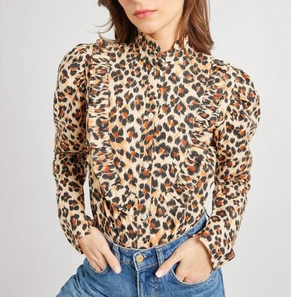 Mille Jolie Leopard Cheetah Print Ruffle Button Up Blouse Medium